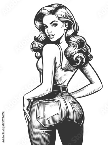 pin-up style woman turning back, wearing a tight shirt and high-waisted jeans with attitude sketch engraving generative ai fictional character vector illustration. Scratch board. Black and white.