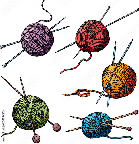 yarn needle knit set sketch hand drawn vector