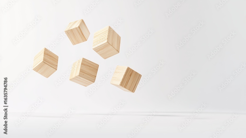 Obraz premium Visually striking freeze motion shot of flying wooden cubes, crisp details, rich multicolored palette, balanced layout, clean white background for advertising.
