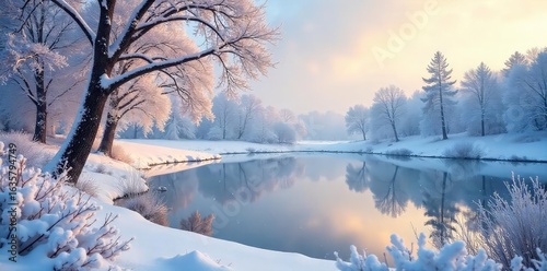 Serene winter landscape, snow-covered trees and bushes, frost-kissed branches, a tranquil frozen pond reflecting the winter sky Perfect for winter wonderland themes , quiet, season