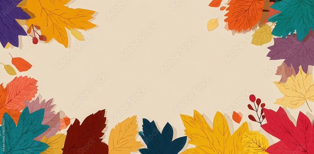 Fototapeta premium autumn background with falling leaves, berries, and branches in warm beige and orange tones
