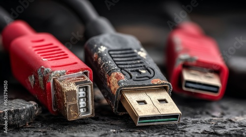 Three worn USB cables lie on a rough surface,