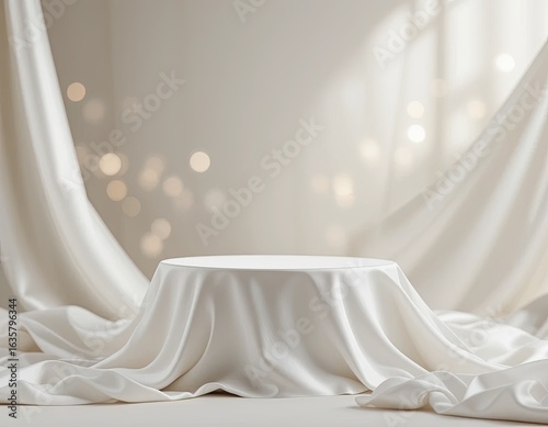 Elegant white satin fabric podium display with soft golden bokeh background, round draped stage for luxury product presentation and sophisticated business marketing visuals
