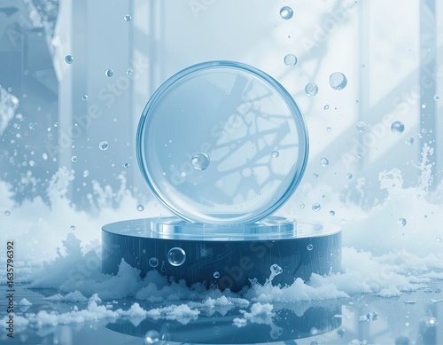 Glass podium display with water splash effect, round transparent stage in fresh blue tone for luxury product presentation and refreshing business marketing visuals
