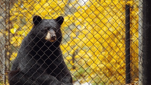 Photo of a bear in an animal cage, sitting and looking through the fence with yellow trees behind it.