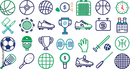 Sports Equipment and Symbols Collection Featuring Balls Trophies and Shoes