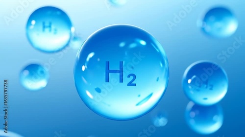 Hydrogen H2 molecule bubbles floating on light blue background, eco friendly energy source concept