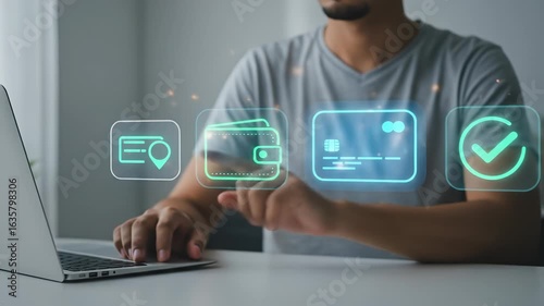 Digital Online Payment: A focused adult man securely processes a virtual transaction, choosing credit card and e-wallet options on his laptop at a modern desk.