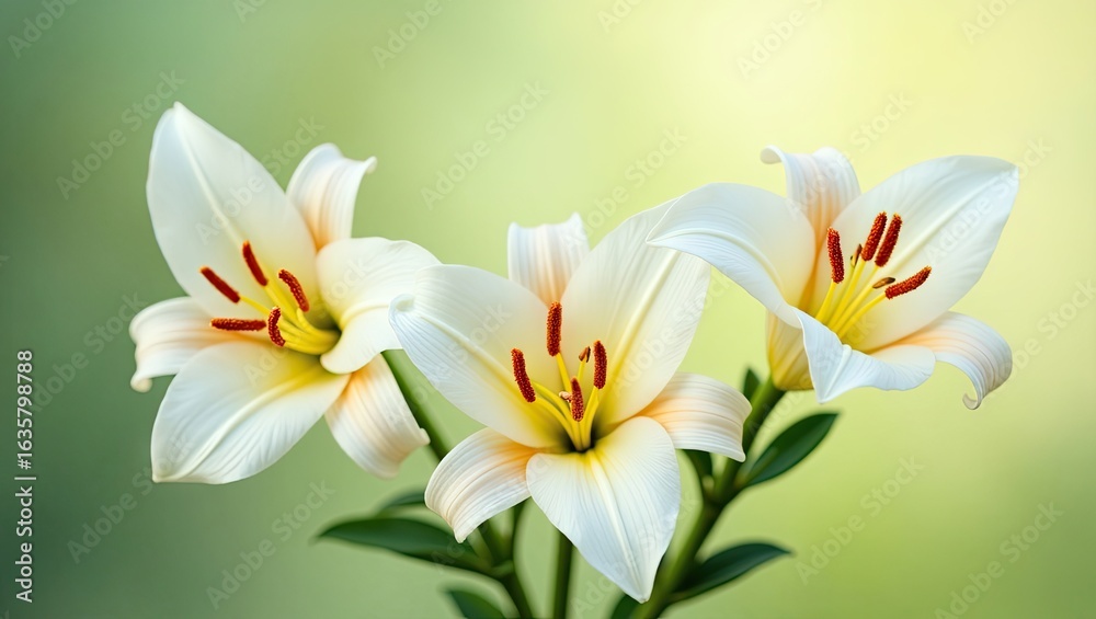 Fototapeta premium Three beautiful white lilies against a soft green backdrop.