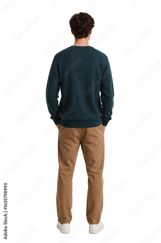 Fototapeta premium Isolated individual standing, back view, showcasing casual fashion against a transparent