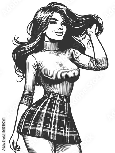 pin-up girl wearing a plaid skirt and tight turtleneck, smiling and posing playfully sketch engraving generative ai fictional character vector illustration. Scratch board imitation. Black and white.