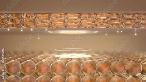 Anti-aging, golden light circles penetrate deep into the skin to activate cells, golden essence balls release anti-wrinkle factors, support sunken skin, cell regeneration, cosmetics ads, 3D rendering.