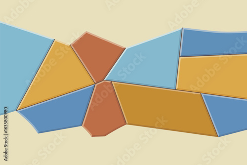 Abstract geometric pattern with blue orange and brown polygons arranged in a decorative design on beige background