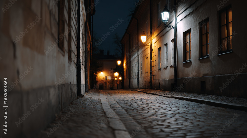 Fototapeta premium Cobblestone street with lanterns.