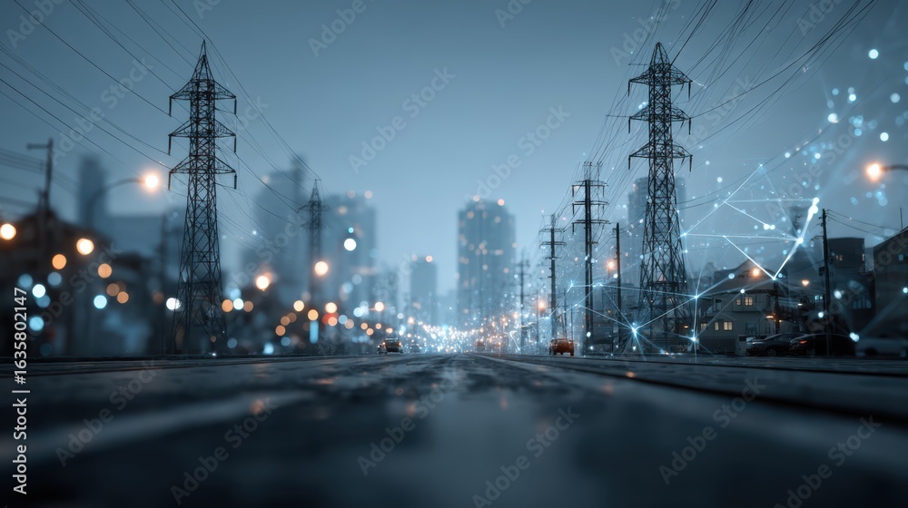 Naklejka premium A dark urban landscape featuring power lines, buildings, and a networked aesthetic, creating a futuristic ambiance with digital elements.