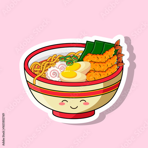 Sticker of Cute Ramen Tempura Kawaii Vector Illustration Isolated Design
