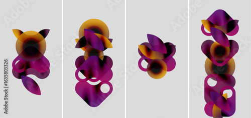 Abstract shapes, purple hues blend with gold tones. Four panels display evolving forms, soft gradients create depth. Minimalist design.