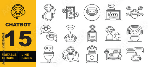Chatbot set of web icons in line style. A collection of linear icons representing key Chatbot concepts, including a chatbot in a phone, a chatbot interacting with a user, and more. Editable stroke