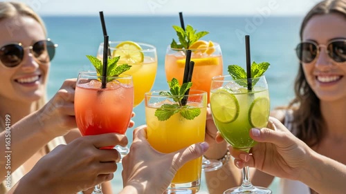 Friends toasting with colorful cocktails on a sunny beach vacation, enjoying a refreshing summer celebration by the sea