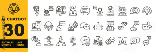 Chatbot set of web icons in line style. A collection of linear icons representing key Chatbot concepts, including a robot head with a headset, chatbot on a laptop, speech bubbles, Editable stroke