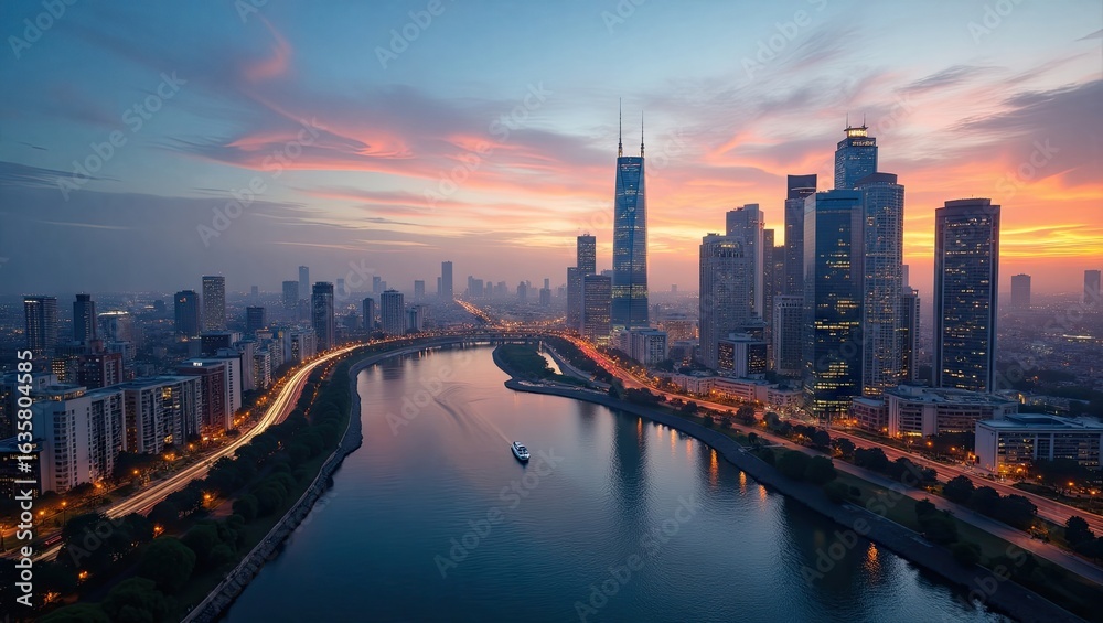 Fototapeta premium Panoramic cityscape view of a modern metropolis at sunrise.