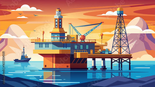 very beautiful A serene illustration of a drilling rig with a support vessel in a calm offshore area, symbolizing the peaceful but vital energy production process taking place far from land