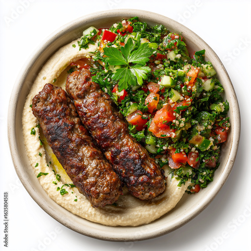 Lebanese grilled lamb kofta with hummus and tabbouleh