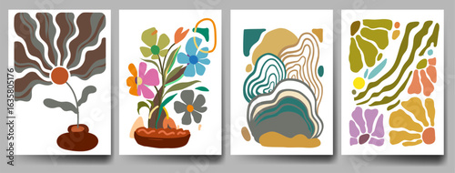 Groovy abstract flower art set. Organic doodle shapes in trendy naive retro hippie 60s 70s style. Contemporary doodle art design for print, wallpaper, clipart, wall art for home decoration, poster.