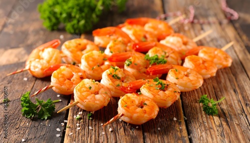 Grilled shrimp skewers on a wooden table