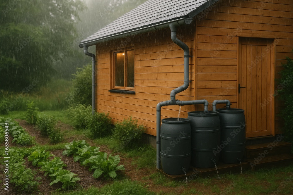Obraz premium Compact eco-home with rainwater barrels during steady rainfall, lush greenery around Generative AI