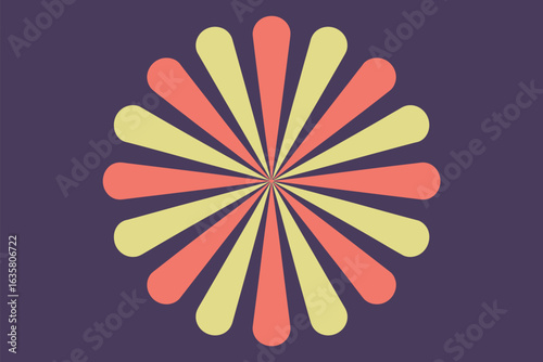 A radial pattern with alternating yellow and orange teardrop shapes on a purple background design art