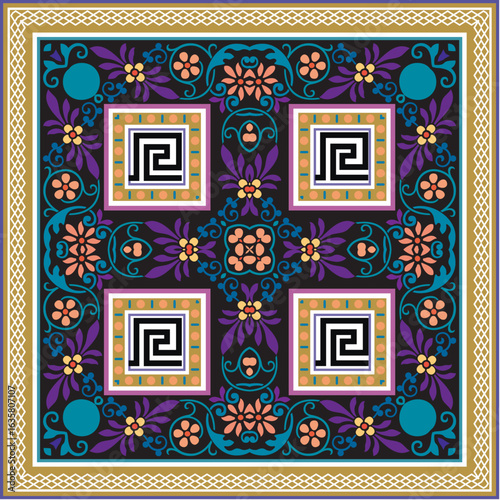 Colorful square ornamental tile seamless pattern with Greek key motifs, floral decorations, borders, frames, flowers and geometric arrangements in shades of black, purple, teal, gold and coral.
