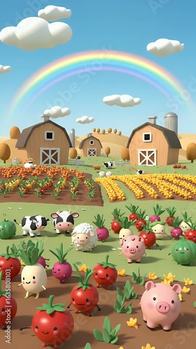 Cute farm animals and vegetables in a cartoon style.
