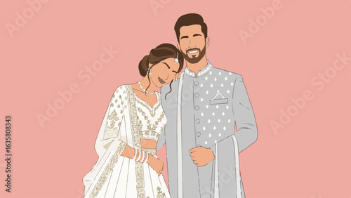 Affectionate Indian Wedding Couple in Elegant Attire, Modern Illustration
