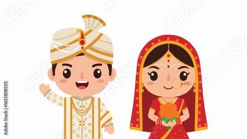 Cute Chibi Indian Wedding Couple Waving, Cartoon Illustration