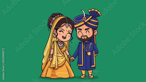 Cute Chibi Indian Wedding Couple Holding Hands, Green Background Cartoon