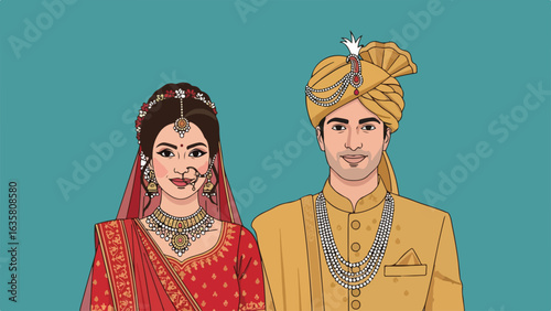 Indian Wedding Couple Standing Together, Traditional Attire Illustration