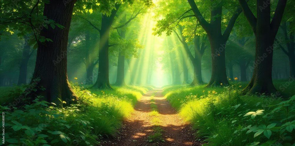 Obraz premium Sun-dappled forest path winds through lush green woodland, sunlight filtering through leaves, creating a magical atmosphere Perfect for fantasy, nature, and fairytale themes , fantasy, trees, ecology