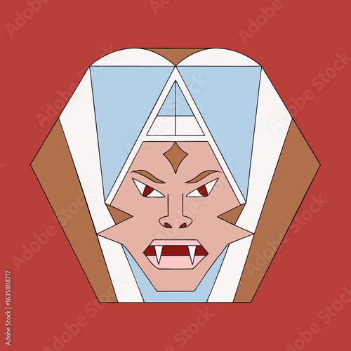 Vampire with white headdress and sharp fangs staring fiercely from red coffin-shaped frame.
