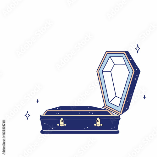 Blue coffin with open lid decorated with sparkles on white background.
