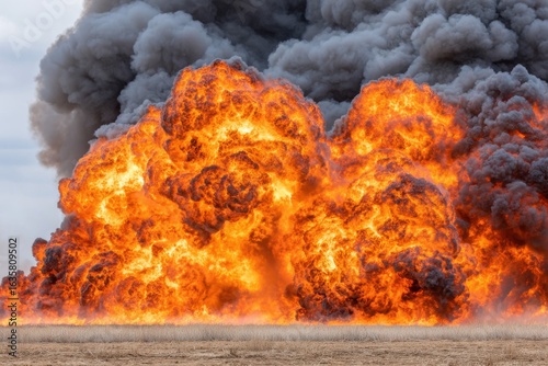 Massive explosion with intense orange flames and dark smoke rising, engulfing a dry field in a fiery inferno.