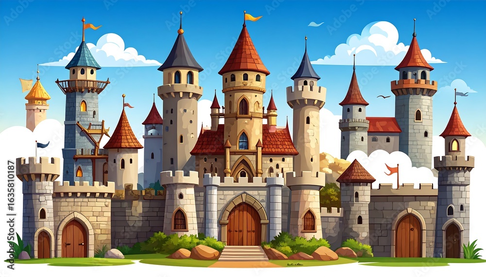 Fototapeta premium Cartoon castle landscape, multiple towers, detailed structures