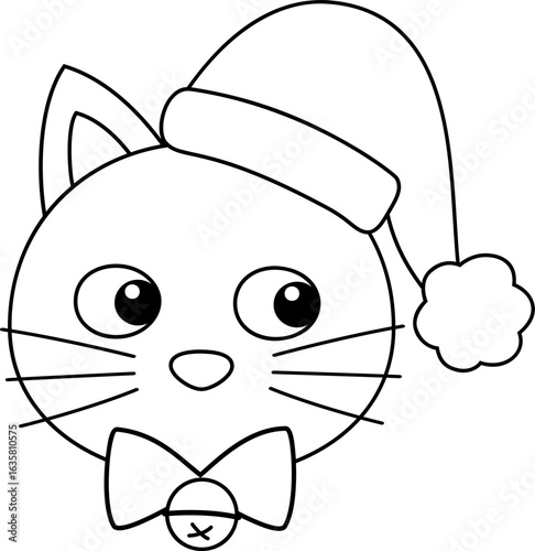 Cute Holiday cat character children's coloring page.
Winter Christmas cat in santa hat outline vector isolated.
Transparent background. svg.