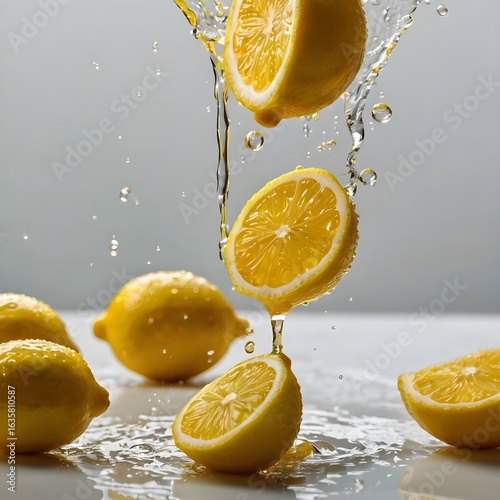 Close-up of a lemon wedge drizzling juice onto a reflective surface, bright yellow droplets captured mid-fall, high contrast and clean white background, no people,Generative Ai
