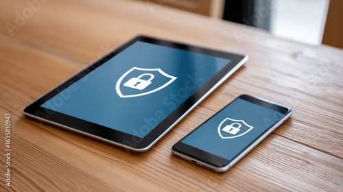Wallpaper Mural A tablet and smartphone displaying a security shield with lock icon on a wooden table, suggesting secure mobile devices and digital safety. Torontodigital.ca