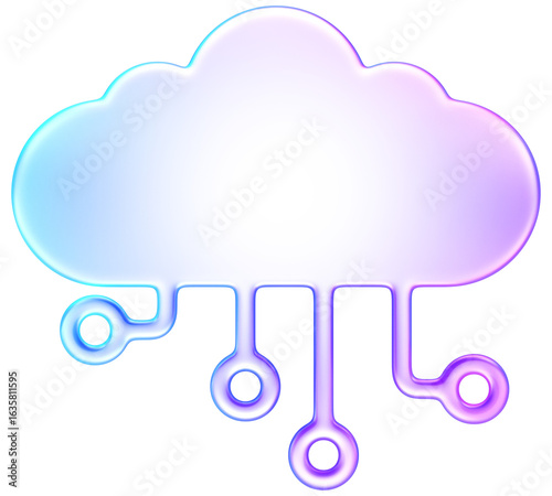 3D glass style purple blue cloud icon with circuit lines, representing cloud computing, storage, and networking