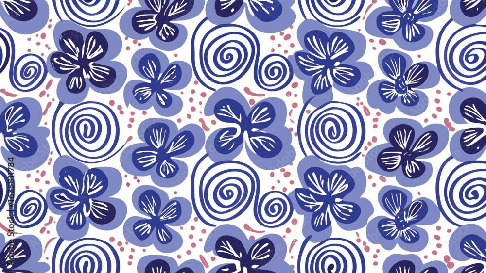 Fototapeta premium Seamless pattern with blue flowers, swirls, and pink dots on a white background creates a playful design