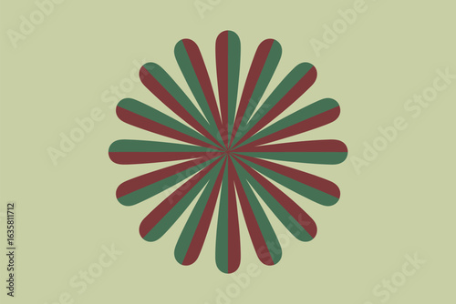 A symmetrical pattern of alternating green and red teardrop shapes radiating from the center on beige background