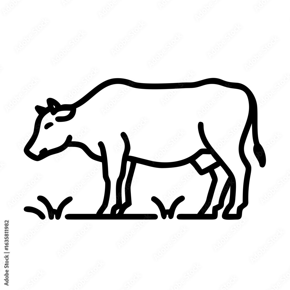 Obraz premium Cow grazing in meadow with grass, line art icon on transparent background 