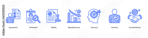 Truth and Review web banner icon vector illustration featuring Assessment, Vindication, Validity, Reputation Loss, Accuracy, Sincerity, and Trustworthiness.